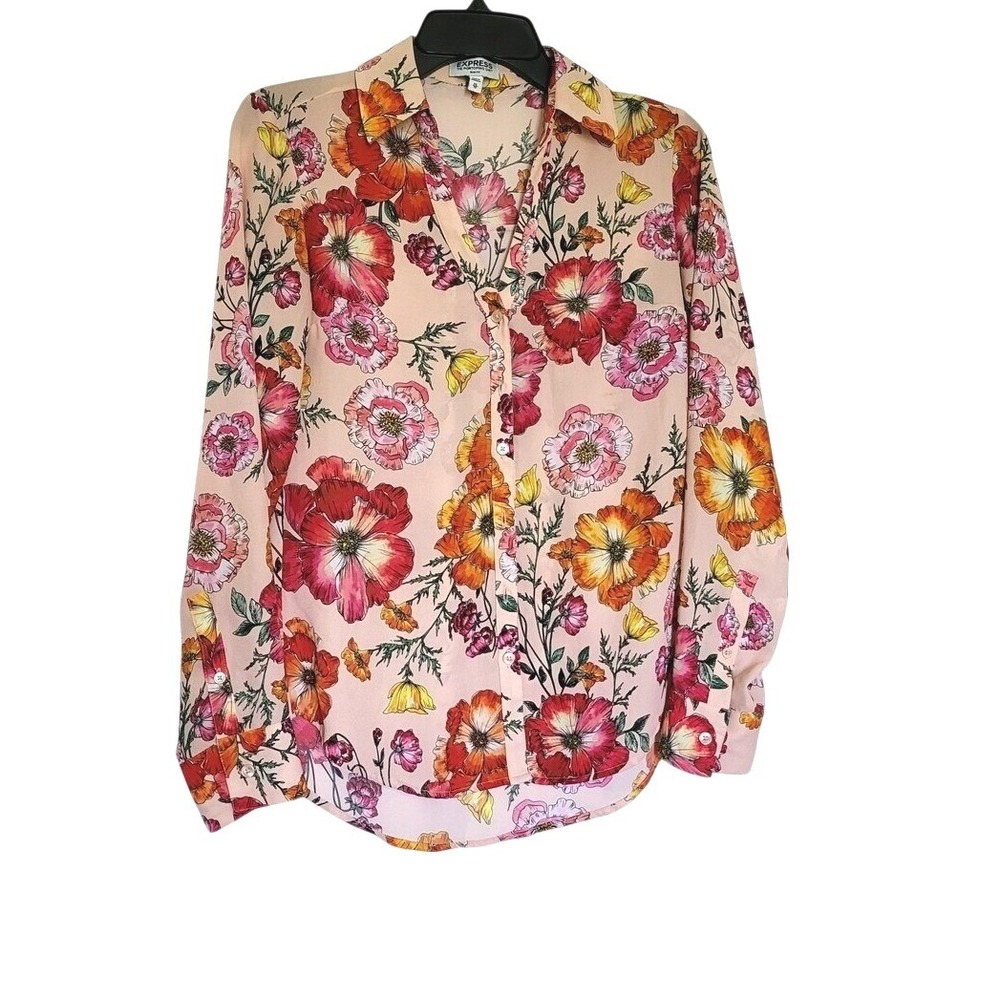 Express Womens Slim Fit Portofino Peach Floral Long Sleeve Chiffon Career Top XS